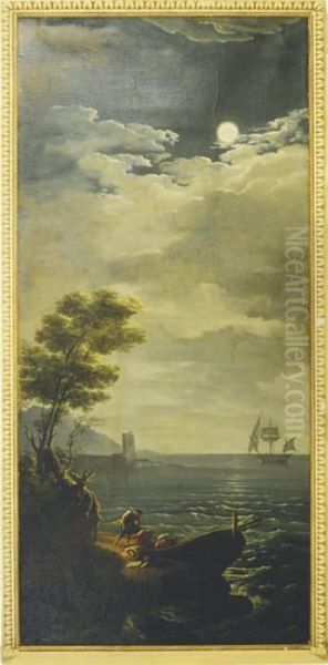 Fisherman In The Bay Moonlight Oil Painting by Claude-joseph Vernet