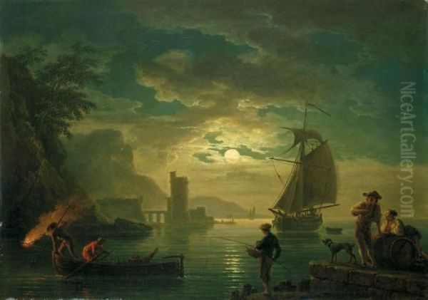 L'entree Du Port Au Clair De Lune Oil Painting by Claude-joseph Vernet