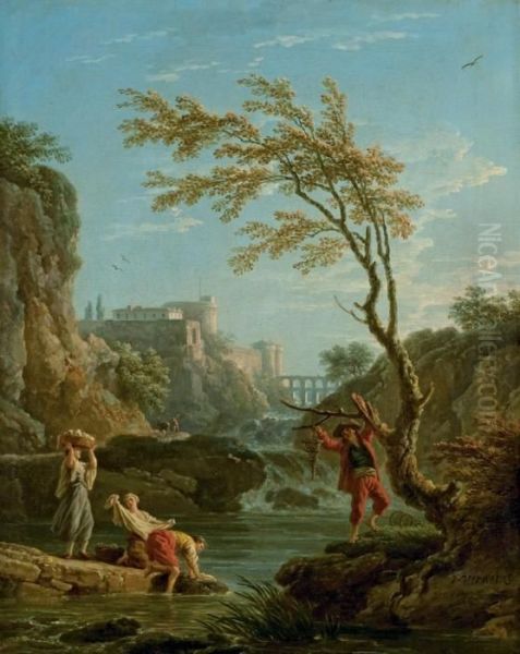 Un Pecheur Et Des Lavandieres Dans Un Paysage Oil Painting by Claude-joseph Vernet