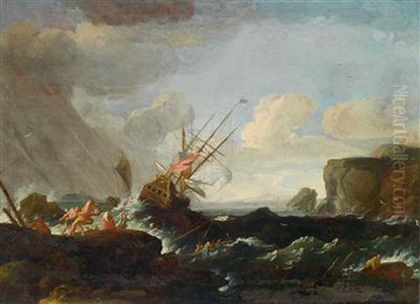 Ein Schiff Im Seesturm An Felsiger Kuste Oil Painting by Claude-joseph Vernet