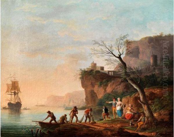 Felsige Uferlandschaft Mit Bucht, Reicher Figurenstaffage Undsegelschiff Im Hintergrund Oil Painting by Claude-joseph Vernet