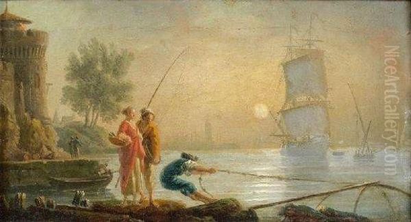 Pecheur Halant Son Filet Pres D'une Cote Mediterraneenne Oil Painting by Claude-joseph Vernet