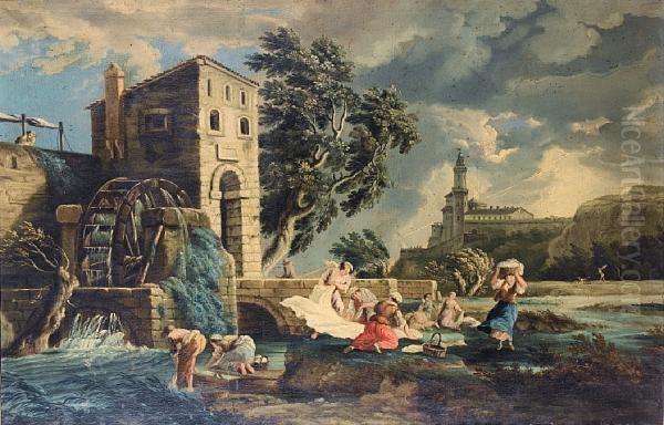 Washerwomen By A Watermill In An Open Landscape, With A Castle On The Horizon Oil Painting by Claude-joseph Vernet