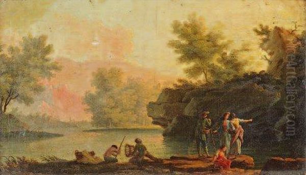 Pecheurs Et Villageois Au Bord De La Riviere Oil Painting by Claude-joseph Vernet