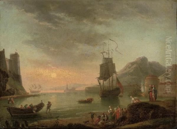 A Mediterranean Port With Fishermen And A Three-master Anchored Off-shore Oil Painting by Claude-joseph Vernet