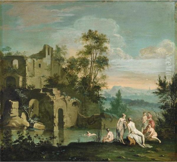 Bathers In A Pool With Ruins Oil Painting by Claude-joseph Vernet