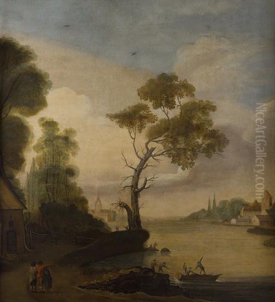 Paesaggio Fluviale Con Barca E Viandanti Oil Painting by Claude-joseph Vernet