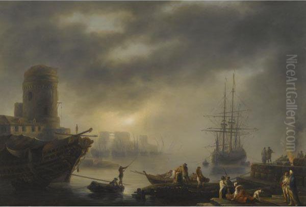 A Mediterranean Port With Sailors Unloading Cargo In The Foreground Oil Painting by Claude-joseph Vernet