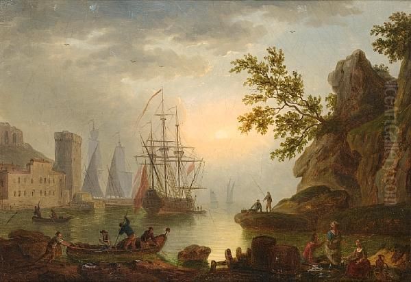 Fishermen And Other Figures Resting On A Rock Oil Painting by Claude-joseph Vernet