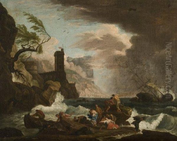 Pecheurs Aidant Des Naufrages Sur Une Cote Rocheuse Oil Painting by Claude-joseph Vernet