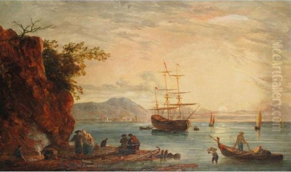 Figures On A Beach With Shipping In A Bay At Sunset Oil Painting by Claude-joseph Vernet