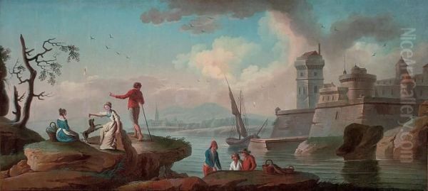 An Italianate River Landscape With Fishermen And Figures In The Foreground Oil Painting by Claude-joseph Vernet