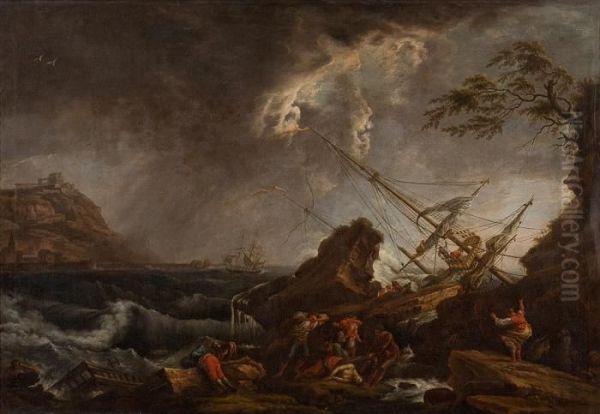 Mediterrane Kustenlandschaft Mit Schiffbruchigen Oil Painting by Claude-joseph Vernet