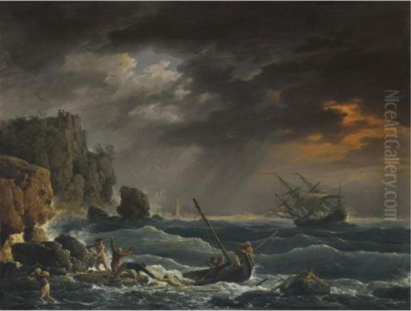 A Mediterranean Coastal Scene With A Shipwreck Oil Painting by Claude-joseph Vernet