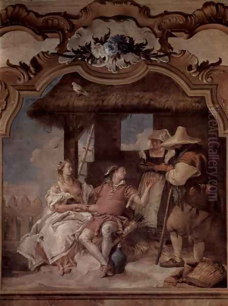 Frescoes in the Villa Vallmarana, Vicenca, Angelica and Medorus scene in the company of two farmers Oil Painting by Giovanni Battista Tiepolo