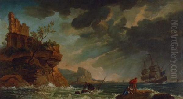 Marina Con Ruderi E Pescatori Oil Painting by Claude-joseph Vernet