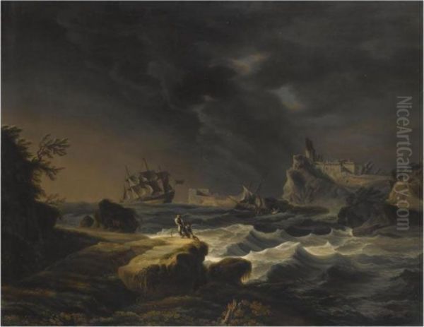 A Mediterranean Constal Scene With Ships On Stormy Seas Oil Painting by Claude-joseph Vernet