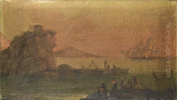 A Rocky Coastline With Fishermen Hauling In Their Nets, Shipping In The Distance Oil Painting by Claude-joseph Vernet