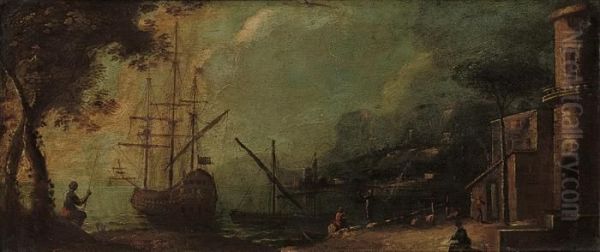 A Mediterranean Coastal Inlet With Shipping In A Harbour Oil Painting by Claude-joseph Vernet