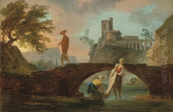 An Italianate River Landscape With Washerwomen And A Figure On A Bridge Oil Painting by Claude-joseph Vernet