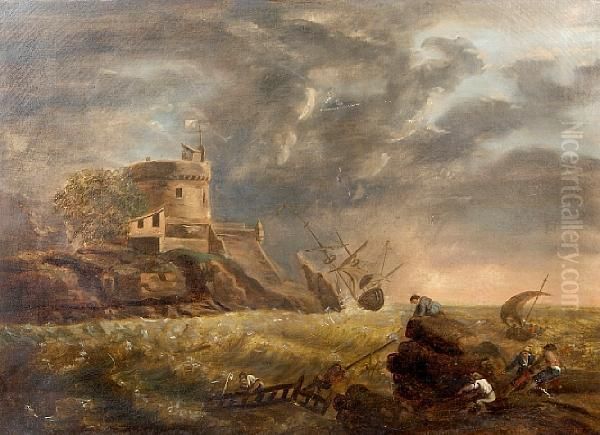 A Shipwreck On A Rocky Coast With Figures Seeking Refuge On The Shore Oil Painting by Claude-joseph Vernet