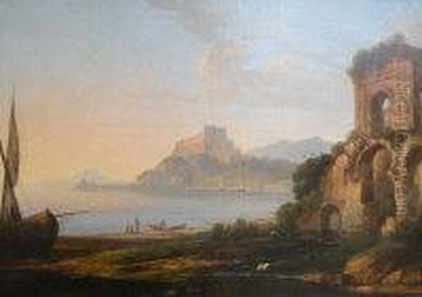 A Mediterranean Coastal Scene With Ruined Castle And Fishingboats Oil Painting by Claude-joseph Vernet