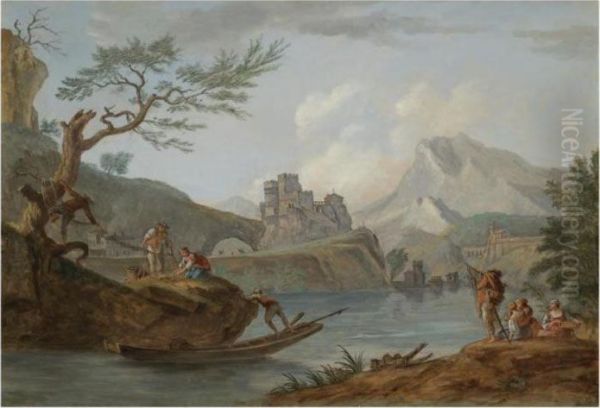 A Mountainous River Landscape With Figures Fishing In Theforeground Oil Painting by Claude-joseph Vernet