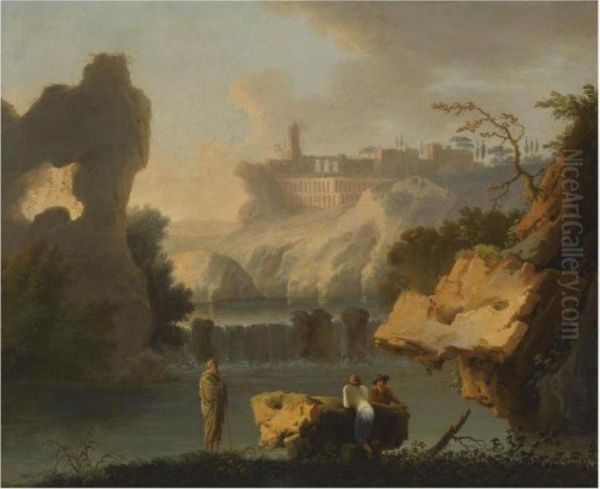 A Mendicant And Other Figures Before A Capriccio View Of Thewaterfalls At Tivoli Oil Painting by Claude-joseph Vernet