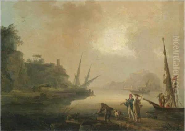 A Mediterranean Coastal Scene With Fishermen Unloading Their Catchin The Foreground Oil Painting by Claude-joseph Vernet