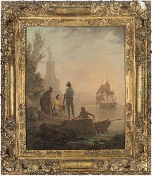 A Mediterranean Coastal Inlet With Fisherfolk On Rocks Atsunset Oil Painting by Claude-joseph Vernet