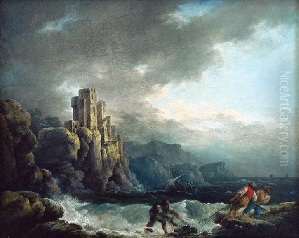 Pejzaz Morski Z Rybakami Ciagnacymi Siec Oil Painting by Claude-joseph Vernet