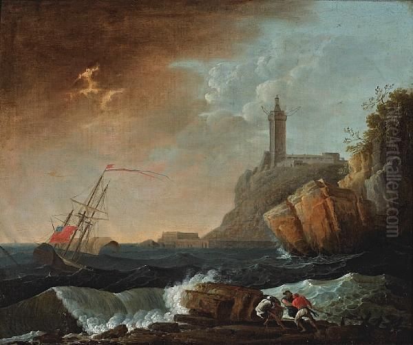 A Rocky Coastal Landscape With A Ship Indistress And Figures In The Foreground Oil Painting by Claude-joseph Vernet