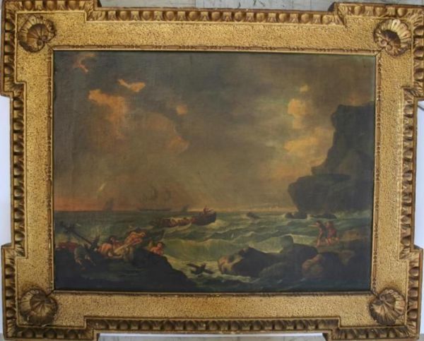 Coastal Scene With Figures On A Rocky Shore Oil On Canvas,
In A Gilt Frame Of Thomas Kent Design 44.5 X 59.5cm Oil Painting by Claude-joseph Vernet