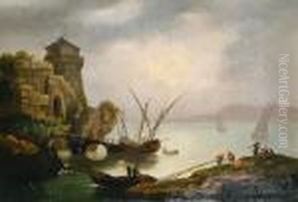 A Harbour Scene With Fishermen Unloading Boatsand Drawing Up Their Nets Oil Painting by Claude-joseph Vernet