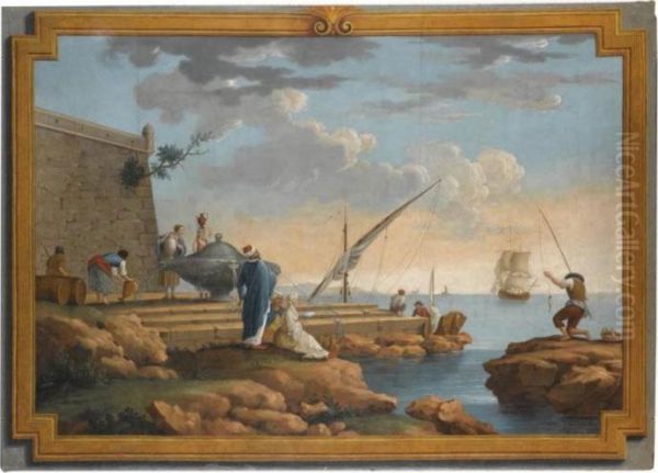 A Harbour Scene With Oriental Figures Near A Well In A Trompl'oeil Frame by Claude-joseph Vernet