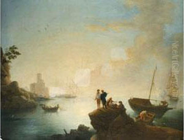 Meeresbucht Mit Fischern, Segelschiffen Und Einer Burg Am Klippenufer Oil Painting by Claude-joseph Vernet