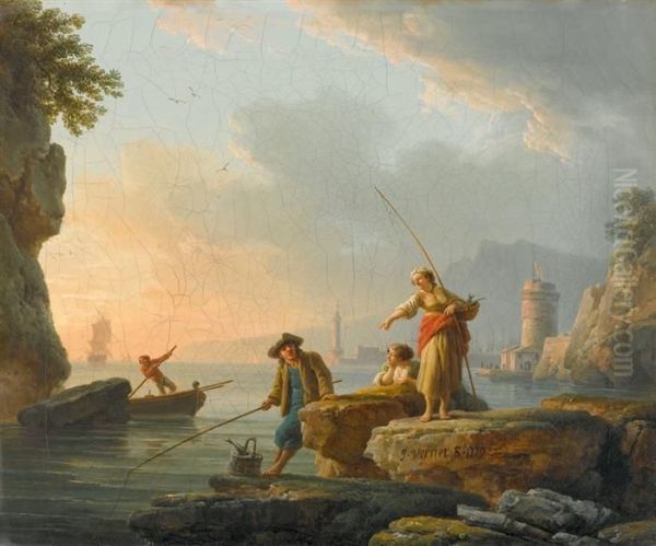 Sunrise On A Coast With Fishermen - Morning Oil Painting by Claude-joseph Vernet