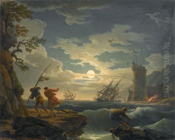 Fishermen On A Stormy Coast In The Moonlight - Evening Oil Painting by Claude-joseph Vernet