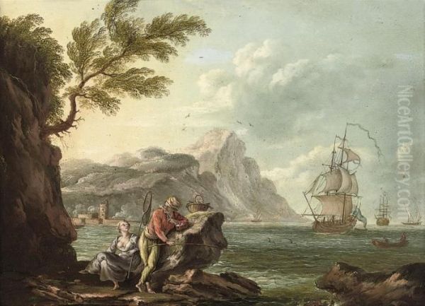 A Mediterranean Coastal Inlet With Figures On A Bank, Shippingbeyond Oil Painting by Claude-joseph Vernet