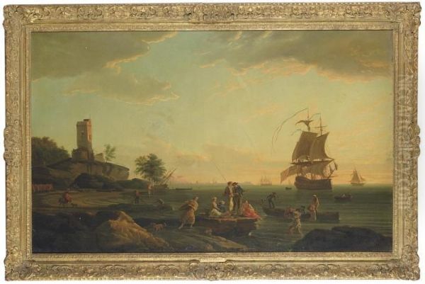 Morning: A Coastal Landscape With Fishermen Unloading Their Catchand A Ships Beyond Oil Painting by Claude-joseph Vernet