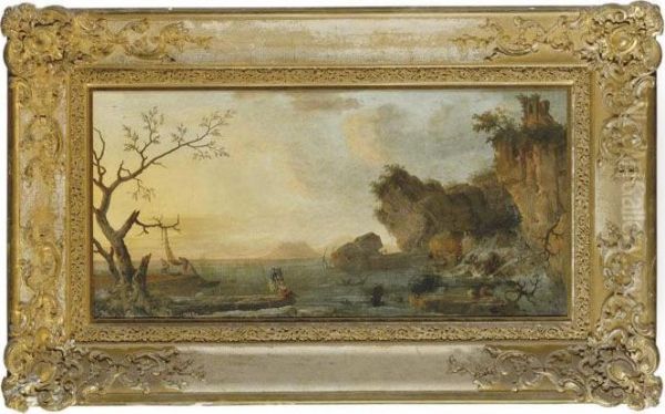 A Mediterranean Coastal Landscape With Fishermen Drawing Up Theirnets Oil Painting by Claude-joseph Vernet