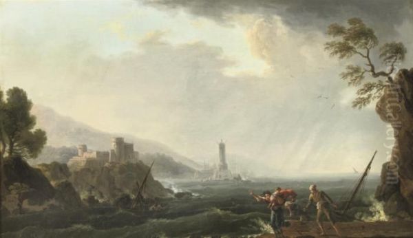 A Rocky Coastal Landscape With Figures Fleeing From Stormywaters Oil Painting by Claude-joseph Vernet