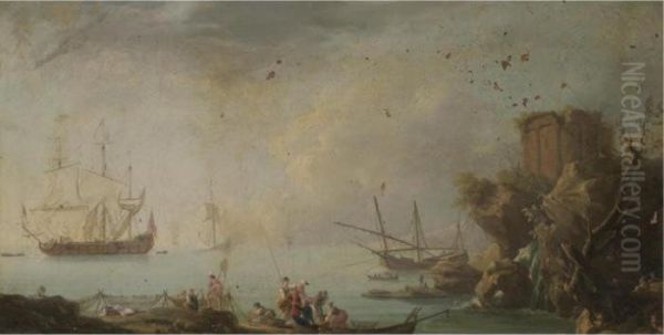 A Mediterranean Harbour Scene With Fishermen Selling Their Wares In The Foreground Oil Painting by Claude-joseph Vernet