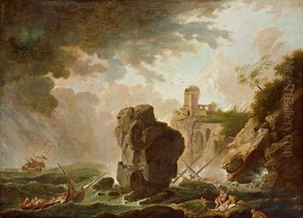 Del Xviii Secolo Naufragio Nel Mare In Tempesta Di Fronte A Una Costa Rocciosa Oil Painting by Claude-joseph Vernet