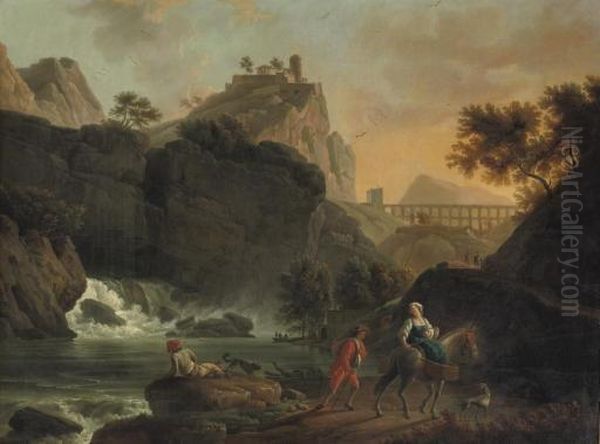 A Mountainous River Landscape 
With Travellers On A Track, A Town On A Hill And A Roman Acquaduct 
Beyond Oil Painting by Claude-joseph Vernet