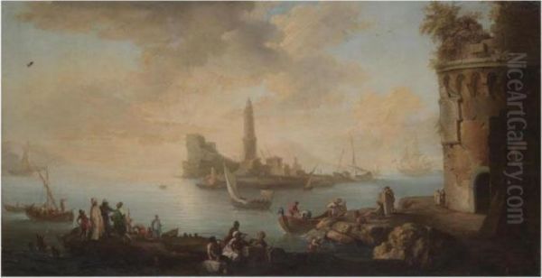 A Mediterranean Harbour Scene 
With Figures Unloading Freight From Boats And Tradesmen In The 
Foreground, A Lighthouse Beyond Oil Painting by Claude-joseph Vernet