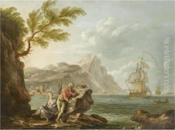 A Mediterranean Coastal Scene With A Couple Fishing In The Foreground Oil Painting by Claude-joseph Vernet