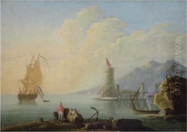 A Mediterranean Harbour Scene With Figures In The Foreground Oil Painting by Claude-joseph Vernet