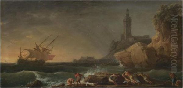 A Mediterranean Coastal Scene 
With Shipping In Stormy Seas And Fishermen In The Foreground Oil Painting by Claude-joseph Vernet