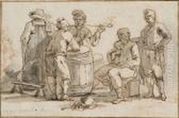 A Group Of Men Talking Around A Barrel, One Smoking Oil Painting by Claude-joseph Vernet